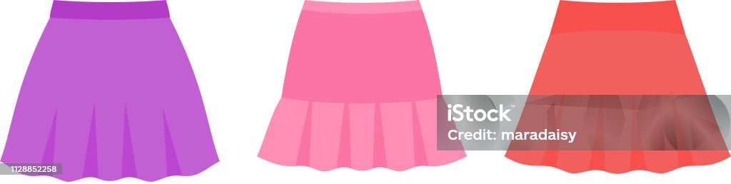 Skirts for baby. Vector illustration. Girl clothes. Skirt for baby. Vector. Girl clothes. Child skirts. Children clothing set. Kid models. Summer garment isolated on white in flat design. Cartoon illustration. Apparel icons. Female fashion dress. Mini Skirt stock vector