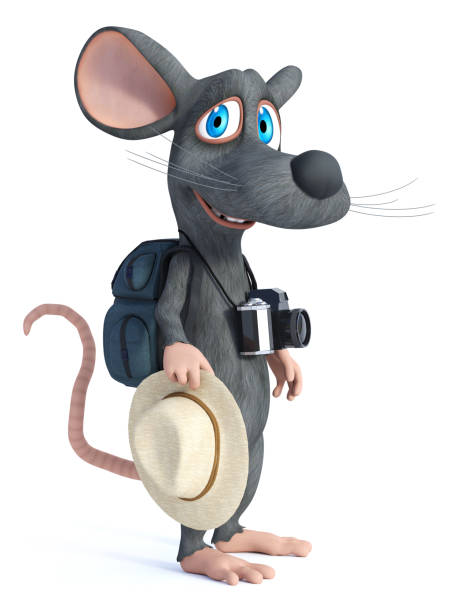 istock 3D rendering of a cartoon mouse tourist backpacking. 1128853479