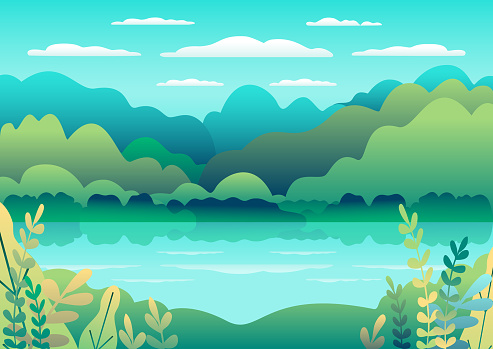 Hills Landscape In Flat Style Design Valley With Lake Background Beautiful  Green Fields Meadow Mountains And Blue Sky Rural Location In The Hill  Forest Trees Cartoon Vector Stock Illustration - Download Image