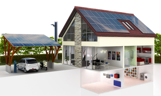 PV-Solutions at a family house - 3d illustration