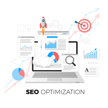 SEO optimization concept. Data analytics. Search engine optimization strategy. Content development and production. Vector illustration