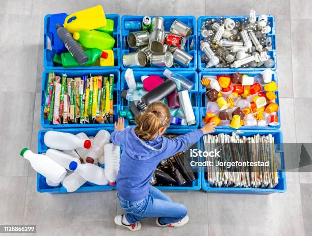 Garbage Bins For Recycling Education Stock Photo - Download Image Now - Recycling, Garbage, Child