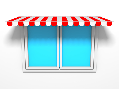 Red Awning Sunshade Over Window Design Mokeup Template Stock Photo Red Awning Sunshade Over Window Design Mokeup Template Stock Photo