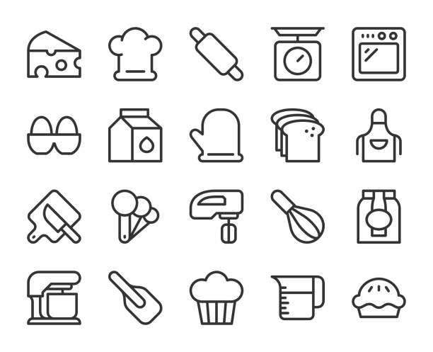 ilustraciones, imágenes clip art, dibujos animados e iconos de stock de horno y panadería - los iconos de línea - wire whisk symbol computer icon spatula