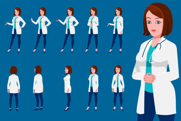 Vector illustration of Female doctor Character turnaround with presentation posses