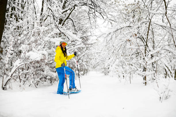 istock Female hiker coming up on a small clearing while snowshoeing in a forest covered with snow 1128868064