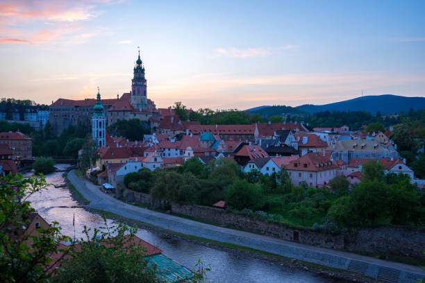 istock Cesky Krumlov skyline at twilight in Cesky Krumlov, Czech Republic 1128868910