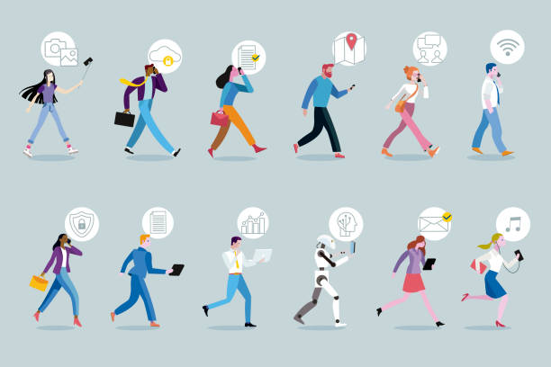 illustrations, cliparts, dessins animés et icônes de ensemble de gens d’affaires marche à l’aide de leurs appareils mobiles - on the move