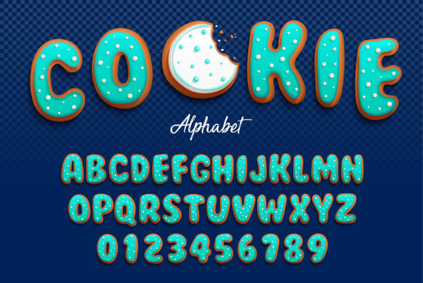 ilustrações de stock, clip art, desenhos animados e ícones de vector cartoon font and alphabet in the form of cookies in royal icing with decorative tiny balls made with sugar for decoration. isolated on darck transparent background - real food
