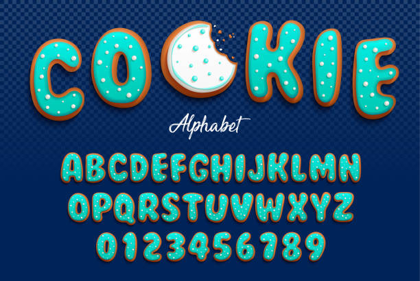 Vector cartoon font and alphabet in the form of cookies in royal icing with decorative tiny balls made with sugar for decoration. Isolated on darck transparent background Vector cartoon font and alphabet in the form of cookies in royal icing with decorative tiny balls made with sugar for decoration. Isolated on darck transparent background turquois stock illustrations