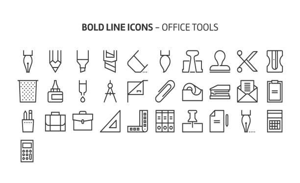 Office tools, bold line icons Office tools, bold line icons. The illustrations are a vector, editable stroke, 48x48 pixel perfect files. Crafted with precision and eye for quality. stapled paper stock illustrations