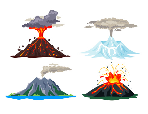 Volcano eruption set with magma, smoke, ashes isolated on white background. Volcanic activity hot lava eruption, sleeping and erupting volcanoes - flat vector illustration.