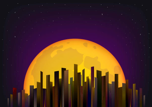 istock skyscrapers on the background of the full moon and night sky, horizontal vector illustration 1128873050