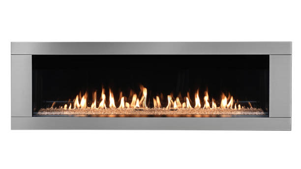 istock Burning gas modern fireplace isolated on white background 1128875017