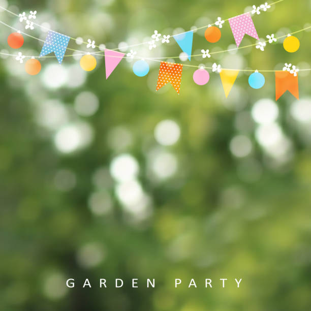 Spring or summer greeting card, invitation. String of lights, bunting flags and cherry blossoms. Modern blurred background. Birthday garden party decoration. Spring concept. Vector illustration. Spring or summer greeting card, invitation. String of lights, bunting flags and cherry blossoms. Modern blurred background. Birthday garden party decoration. Spring concept. Vector illustration. backyard background stock illustrations