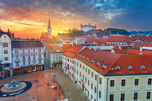 Aerial  cityscape image of historical downtown of Bratislava, capital city of Slovakia during sunset.