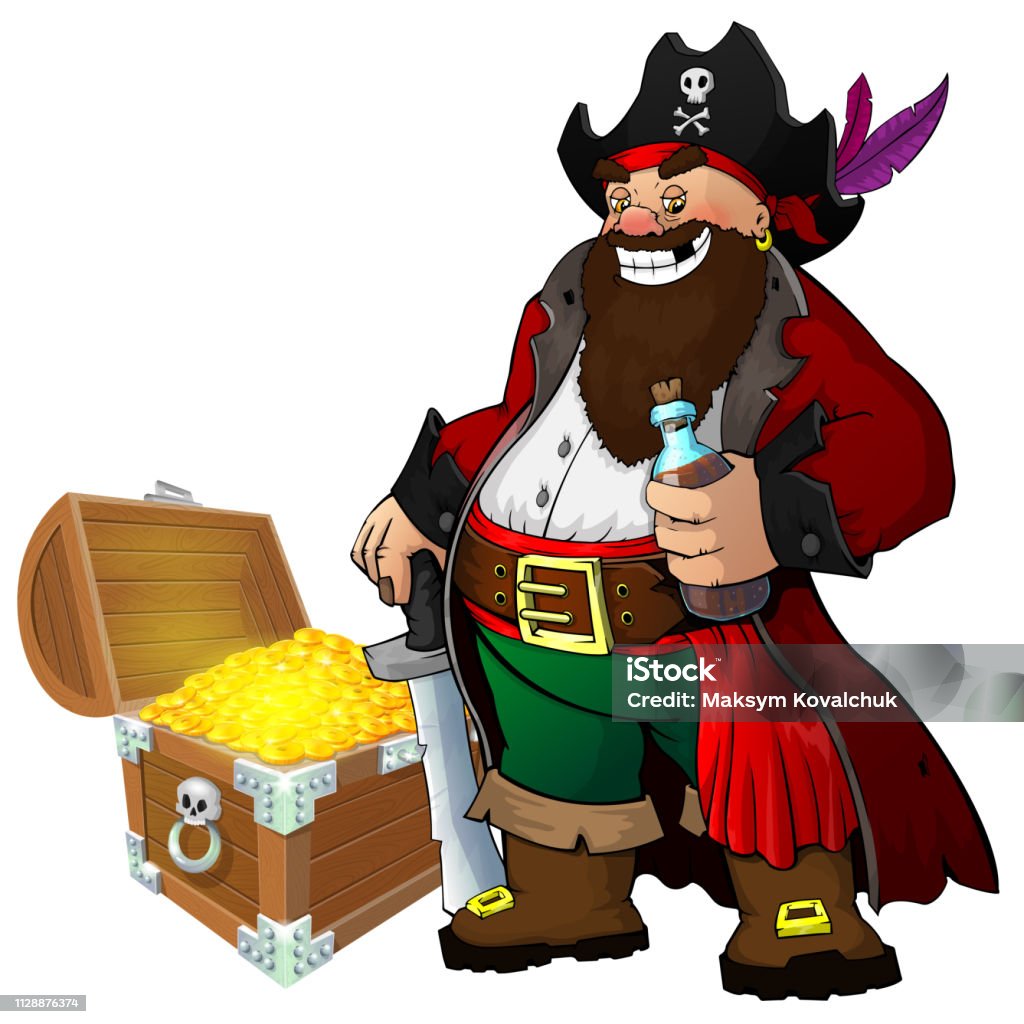 Cartoon pirate with rum and treasure on white isolated background Adult stock vector