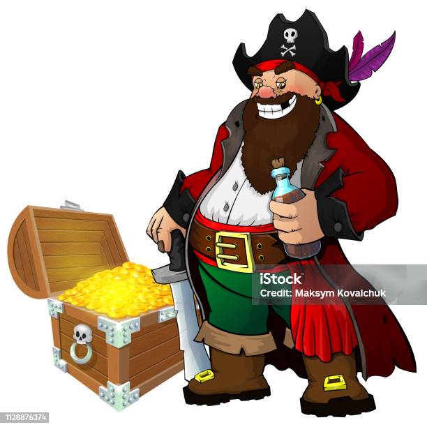 Cartoon Pirate With Rum And Treasure On White Isolated Background Stock Illustration - Download Image Now
