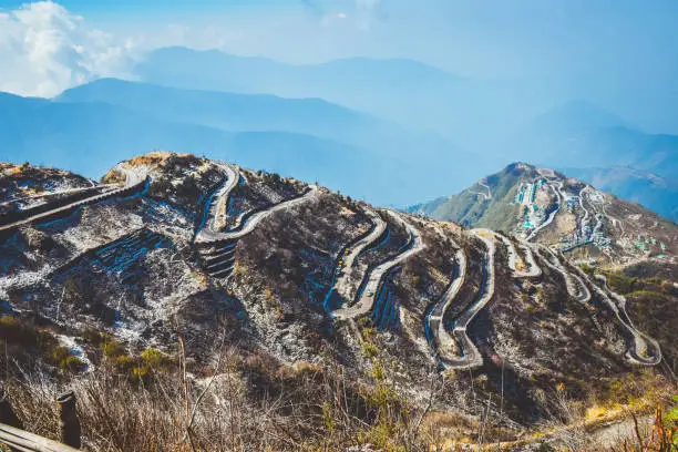 Photo of Zuluk hilltop the transit point of Silk Route From Thambi View Point. The road makes 32 hairpin turns. Located on rugged terrain of lower Himalaya in Sikkim. Historic Silk Route from Tibet to India.