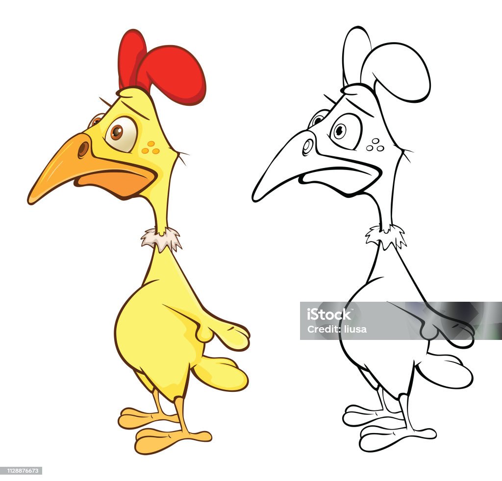 Vector Illustration of a Cute Cartoon Character Cock for you Design and Computer Game. Coloring Book Outline little yellow chicken for a computer game and his sketch Cuckoo stock vector