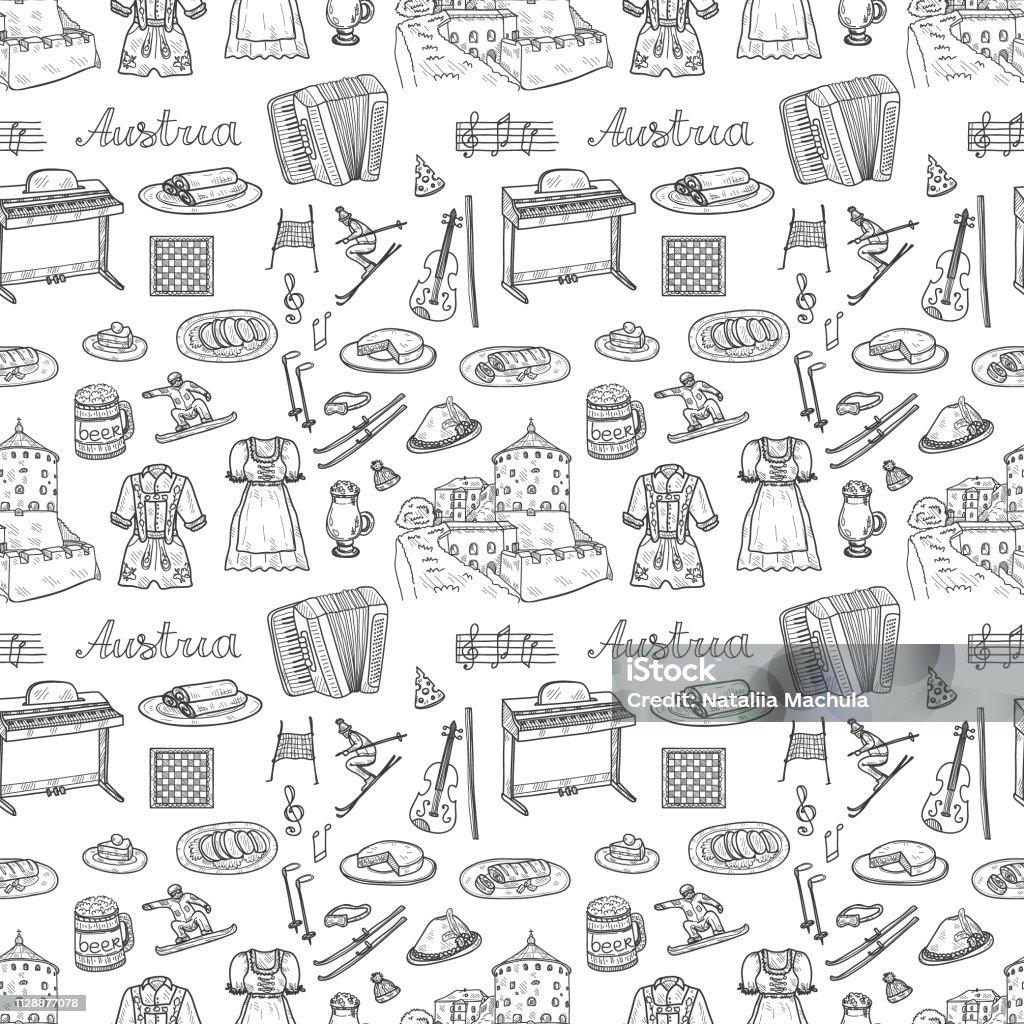 Illustration about Austria Seamless pattern with cute hand drawn Welcome to Austria icons. Vector sketch. Drawing - Art Product stock vector