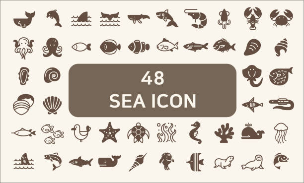 Set of 48 sea life and ocean Vector Icons.solid style. Contains such Icons as Nautical Creatures , sea food, sea, ocean, fish, coral, sea horse, seaweed, turtle And Other Elements.
customize color, stroke width control , easy resize. marine life logo stock illustrations