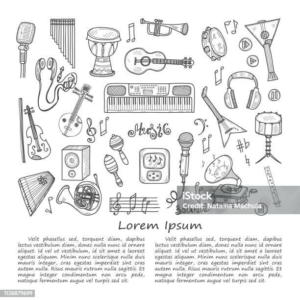 Illustration With Music Instruments Stock Illustration - Download Image Now - Sketch, Guitar, Microphone