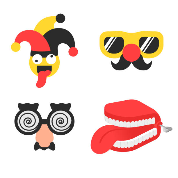 Set april foll's day stuff with jester in hat, glasses with nose and false teeth with tongue Set april foll's day stuff with jester in hat, glasses with nose and false teeth with tongue april fools day stock illustrations
