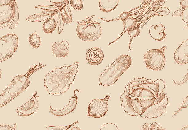 Hand drawn vegetables seamless pattern. Healthy food vector background. Hand drawn vegetables seamless pattern. Healthy food vector background. engraving food onion engraved image stock illustrations