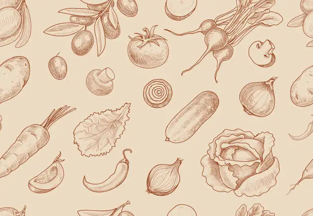 Vector illustration of Hand drawn vegetables seamless pattern. Healthy food vector background.