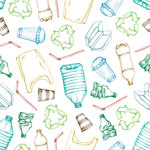 ręcznie rysowane doodle plastikowe zanieczyszczenia bez szwu wzór. kolekcja szkicowych symboli ilustracji wektorowych. torba, butelka, opakowanie, zanieczyszczenie, jednorazowe naczynie, słoma. recykling wyrobów z tworzyw sztucznych. - plastic bag bag transparent plastic stock illustrations