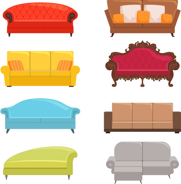 ilustrações, clipart, desenhos animados e ícones de coleção de sofá. cama divã clássico moderno treinador vetor interiores móveis - divã sofá