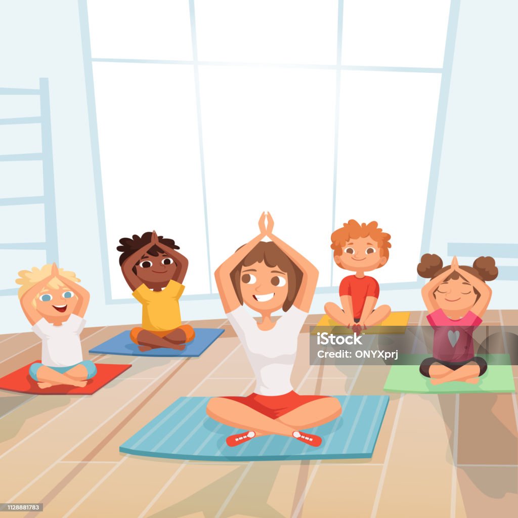 Yoga kids group. Children making exercises with instructor in gym vector cartoon background Yoga kids group. Children making exercises with instructor in gym vector cartoon background. Illustration of gym yoga pose, meditation class Child stock vector