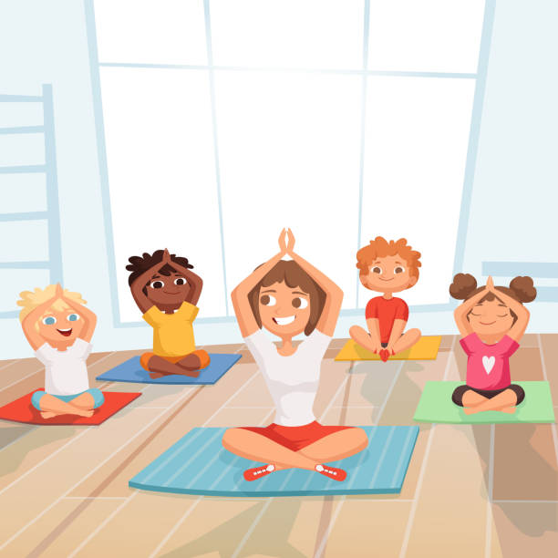 Yoga kids group. Children making exercises with instructor in gym vector cartoon background Yoga kids group. Children making exercises with instructor in gym vector cartoon background. Illustration of gym yoga pose, meditation class meditation room stock illustrations