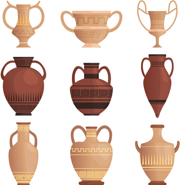 illustrations, cliparts, dessins animés et icônes de pot d’argile. amphore antique avec motif grec et autres images de dessin animé de vecteur navire isolés - jug pitcher pottery old