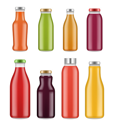 Juice bottles. Transparent jar and packages for colored liquid food and drinks vector mockup. Bottle with colored juice, drink beverage illustration