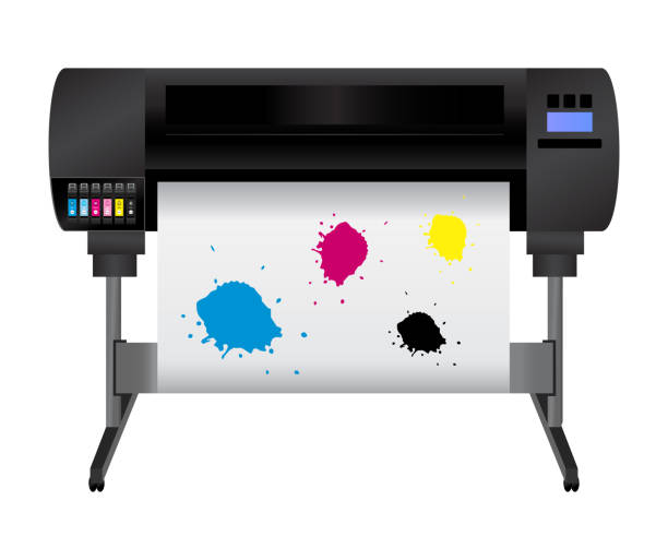 illustrazioni stock, clip art, cartoni animati e icone di tendenza di macchina da stampa plotter a getto d'inchiostro con macchie ciano, magenta, gialle e nere - inkjet