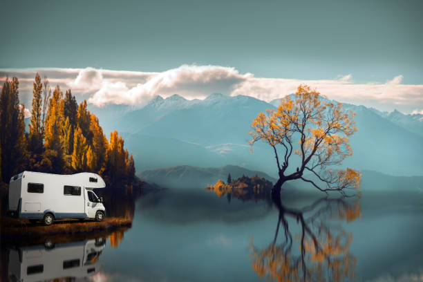 wohnmobil oder reisemobil oder zu hause auto auf einsamer baum im lake wanaka, neuseeland - winter sunrise mountain snow stock-fotos und bilder