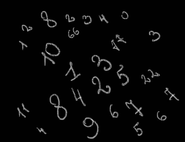 Figures fly in the black sky, abstract numerology