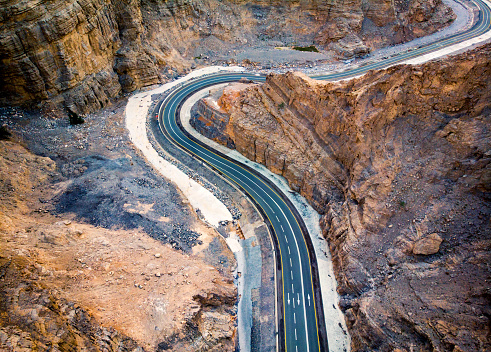 Desert mountain road in the United Arab Emirates aerial view