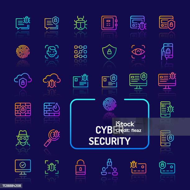 Cyber Digital Security Gradient Line Icon Set Stock Illustration - Download Image Now
