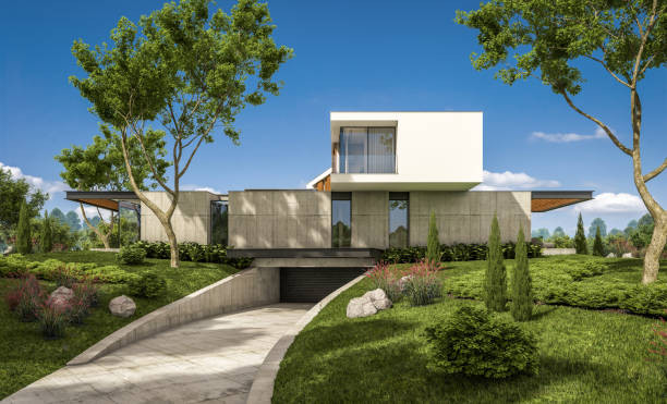 istock 3d rendering of modern house on the hill with pool 1128884360