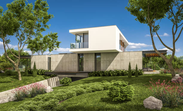 istock 3d rendering of modern house on the hill with pool 1128884365