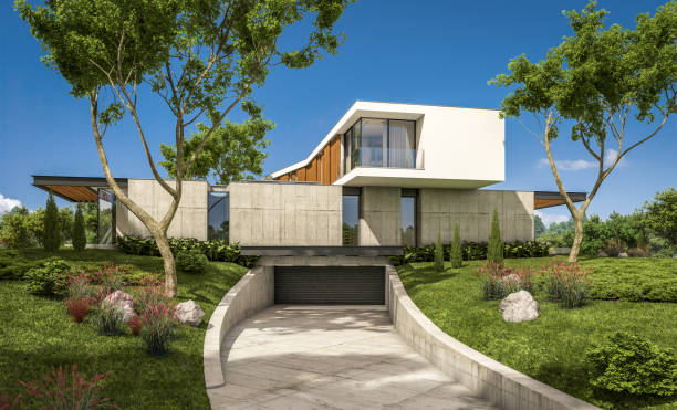 istock 3d rendering of modern house on the hill with pool 1128884372