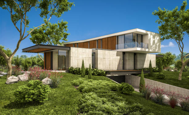 istock 3d rendering of modern house on the hill with pool 1128884905