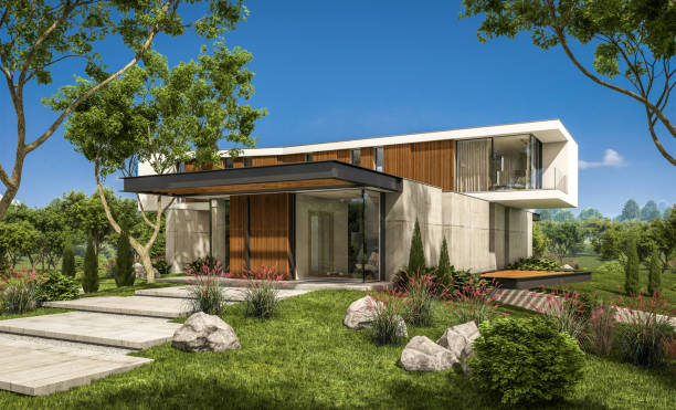 istock 3d rendering of modern house on the hill with pool 1128884911
