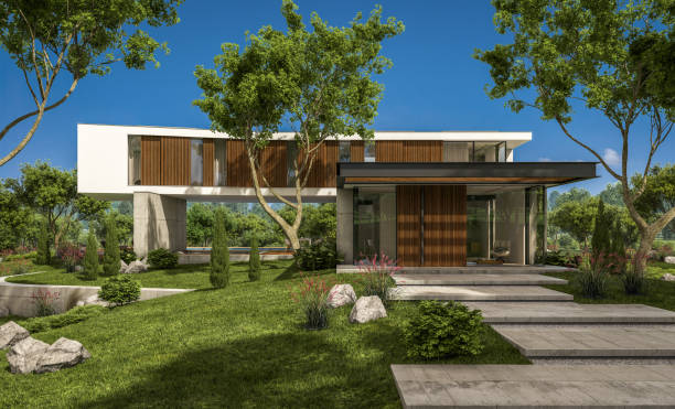 istock 3d rendering of modern house on the hill with pool 1128884922