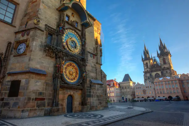 Prague Old Town Square, sunrise at Astronomical Clock Tower, Czech republic, Europe.