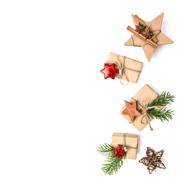 istock Christmas decoration gift boxes white background Flat lay 1128885106