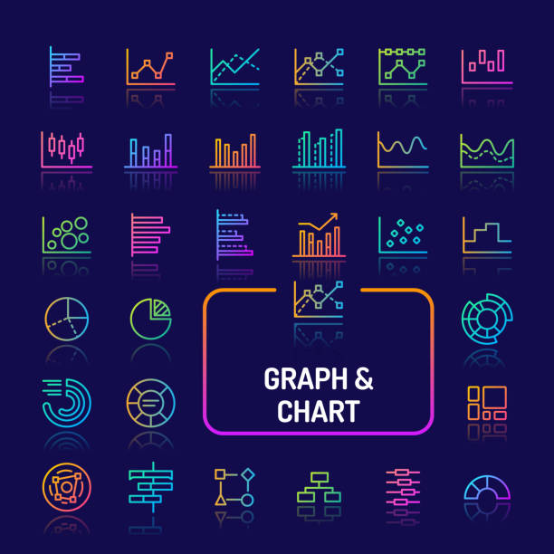 그래프, 다이어그램 및 차트 그라데이션 라인 아이콘 세트 - infographic icon set finance symbol stock illustrations